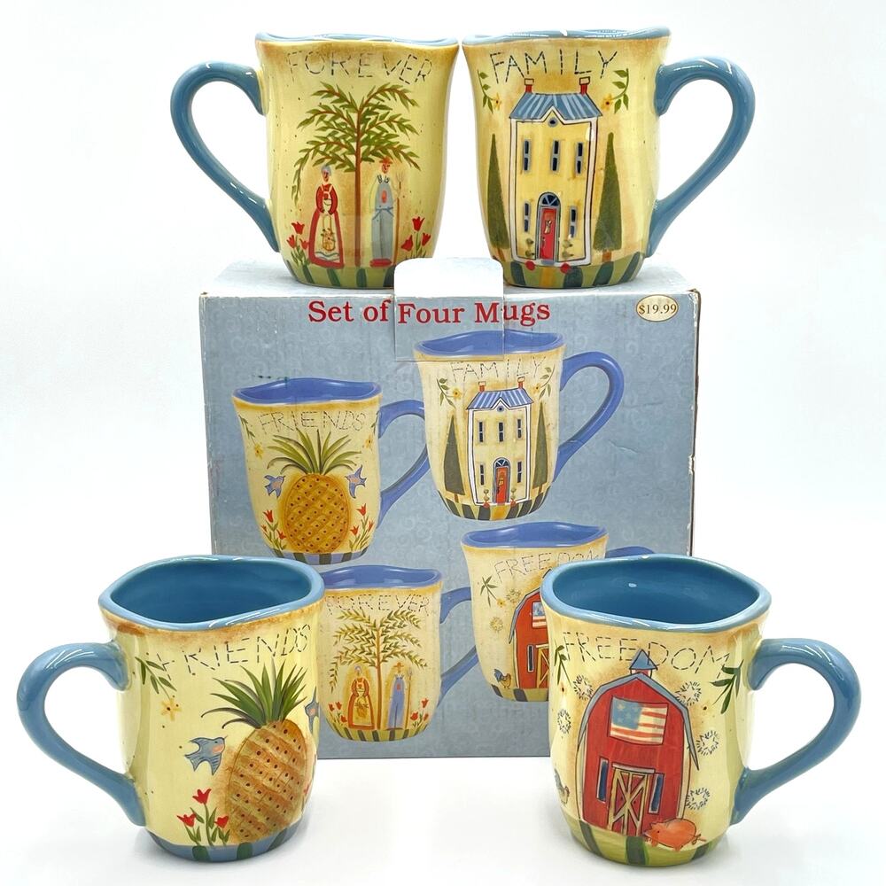 Cracker Barrel Friends Family Forever Freedom Set of 4 Mugs Susan Winget NIB